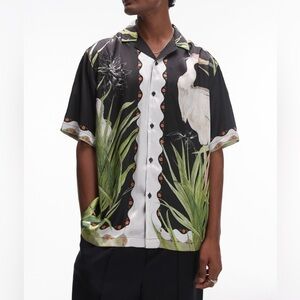 Topman NWT‎ Short Sleeve Satin Heron Crane Print Camp Shirt Size L